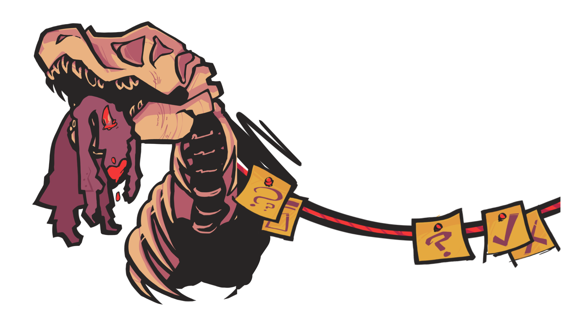 A trex skeleton with a body in its mouth.